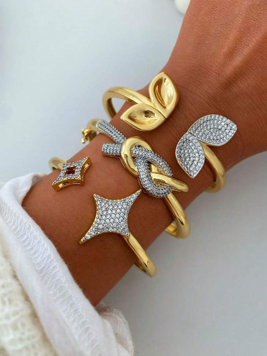 1pc Gold-Tone Bracelet Set With Fully Paved Cubic Zirconia Stones, Butterfly, Knot, Star Designs, Adjustable Bangle & Ring, Material, Hypoallergenic, Valentine's Day/Wedding Gift - Gold - View 1