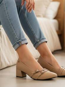 Women's Bellamore Double Buckle Pump With 5cm Low Block Heel - Comfortable, Elegant, Casual, Formal, And Evangelical Fashion - Lạc đà - Xem 2