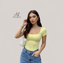 Set Of 4 Baby Look Blouses With Double Front Lining And Square Neckline. Simple. None. Vacation. Beach. - ĐEN/XANH DƯƠNG/VÀNG/TÍM NHẠT - Xem 2