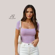 Set Of 4 Baby Look Blouses With Double Front Lining And Square Neckline. Simple. None. Vacation. Beach. - MARRÓN/ROSA/LILA/APAGADO - Ver 2