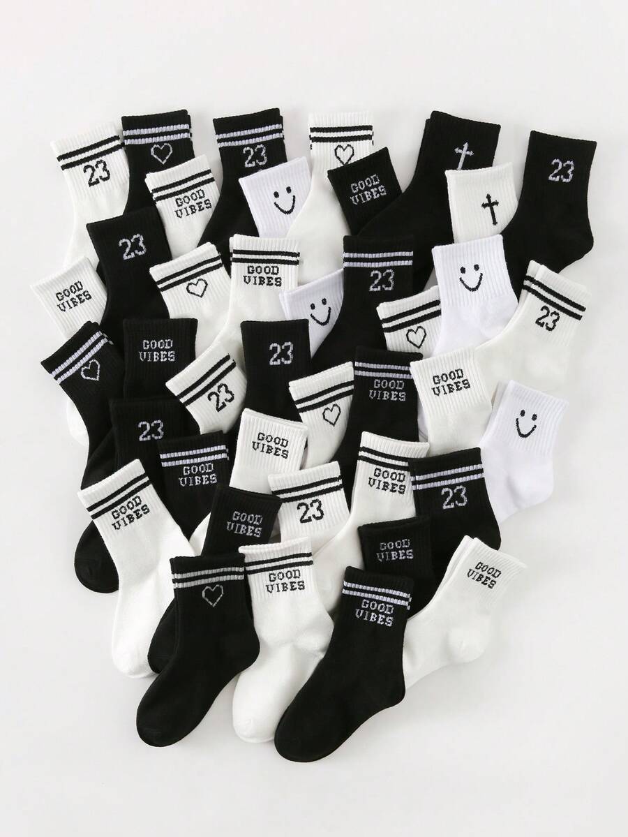 20/10/5/1 Pair Kids Classic Black & White Sports Socks, Letter "Good Vibes"/Double Bar Heart/Minimalist Smiling Face/Numeric Pattern Decor, Soft Breathable Casual Mid-Calf Socks, Suitable For Sports, Outdoor, School, Travel, Random Color & Style Assorted - Black and White - View 1
