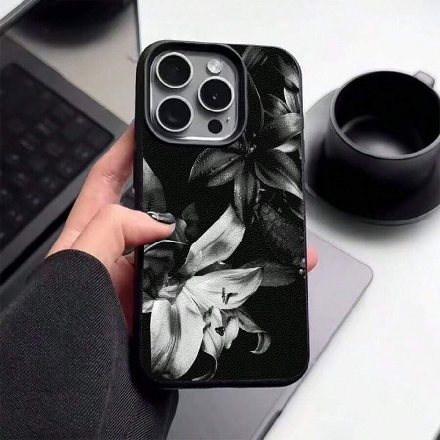 Ốp lưng điện thoại họa tiết hoa ly đen trắng trang nhã bằng chất liệu TPU, tương thích với iPhone 17 Pro Max/17/16 Pro Max/15/13/12/11, S20 FE/A15/S24/A55, và Redmi Note 11/12/13 Pro, chống sốc toàn thân, bảo vệ mềm mại. - màu đen - Xem 1
