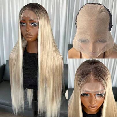 Peluca sintética con encaje frontal de 13x6, cabello liso de 28 pulgadas de largo, sin necesidad de pegamento, fibra sintética duradera, raya libre, densidad del 150%, transparente de alta definición, lista para usar, fibra resistente al calor, adecuada para uso diario, fiestas, vacaciones y otras ocasiones de las mujeres.