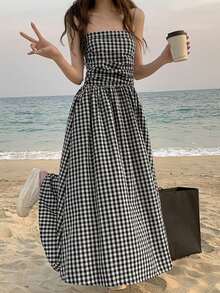女士格子印花休闲时尚抹胸连衣裙，夏季优雅 - 黑與白 - 查看 3