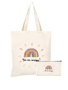 1/2件套 书迷主题创意书籍插画帆布书包，带拉链的铅笔盒套装，印有励志的“你真棒”图案，学院风帆布手提袋套装，适合返校、毕业、旅行、生日、周年纪念、教师节，以及作为感谢礼物送给同学、朋友、学生和老师。 - 米色 - 查看 14