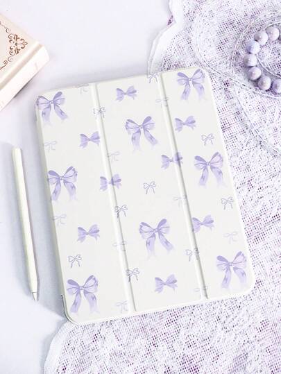 1pc Bowknot Purple Painted Flat Tablet Case, Suitable For IPad 10th/11th/10.2/10.5/Air4/Air5/10.9/Pro 11/Air 11-In.(M2)-2024/Pro 11-In.(M4)-2024/IPad Air 11-Inch (M3) 2025/IPad (A16) 11 Inch 11th Generation 2025, Mini6/Mini7/Air1/Air2/9.7, Tab A8 10.5 Inch 2022, Includes Pen Slot, Tri-Fold Stand, Magnetic Sleep/Wake, Cute/Elegant/Creative