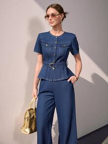 Sollinarry 女士春夏时尚牛仔套装，系带荷叶边露脐上衣搭配高腰阔腿裤，适合工作、购物、度假、教师休闲穿着。 - 藏蓝色 - 查看 3