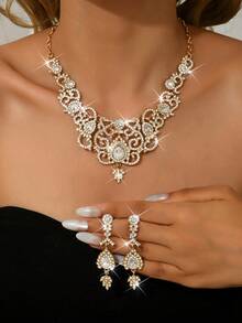 3件套奢华婚礼派对女士礼服水钻装饰珠宝时尚闪亮项链耳环套装，舞会礼服珠宝配饰 - 金色 - 查看 4