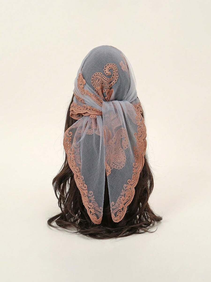 1pc Women Fashion Embroidered Bandana Scarf,Beach,Holiday,Travel Essential,Holiday - Light Grey - View 1