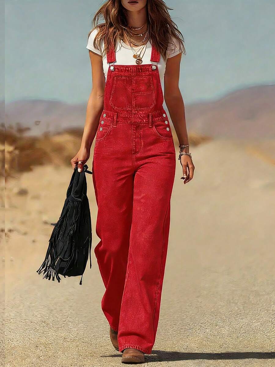 Women's Western Vintage Washed Loose Adjustable Shoulder Strap Denim Overall Workwear Pants, Washed Denim Fabric, College Style, Fashionable And Elegant Outfit, Suitable For Back-To-School, Teachers, Outings, And Travel Wear - 紅色 - 查看 1
