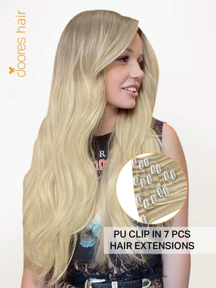 DOORES Seamless PU Clip-In 7pcs 110g Human Hair Extensions, Ash Blonde To Gold And Platinum Blonde, 100% Real Human Hair, Invisible Comfortable Natural Blend Premium Virgin Hair, Easy To Wear - S17/22/60 - View 1