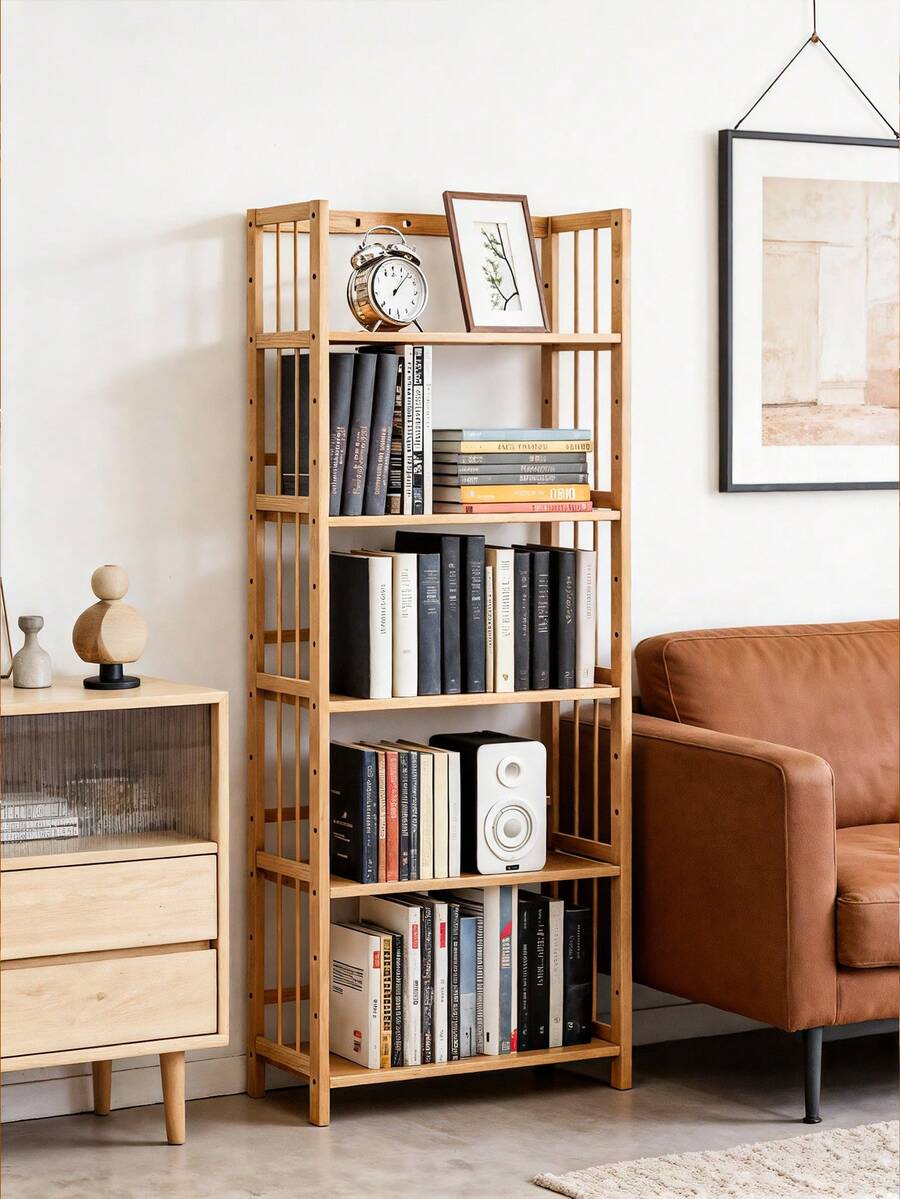 3/4/5 Tier Bookshelf With Bamboo,Minimalist Floor Standing Bookshelf,Rustic Bamboo Construction,Multi-Layer Space, Rounded Corners,For Living Room, Bedroom, Balcony. - 天然竹色 - 查看 1