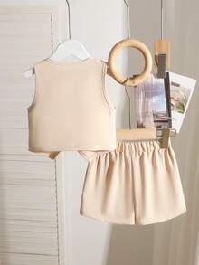 Set de 2 piezas de chaleco + pantalones cortos de unicolor minimalista estilo commuter para niñas pequeñas, primavera/verano - Albaricoque - Ver 2