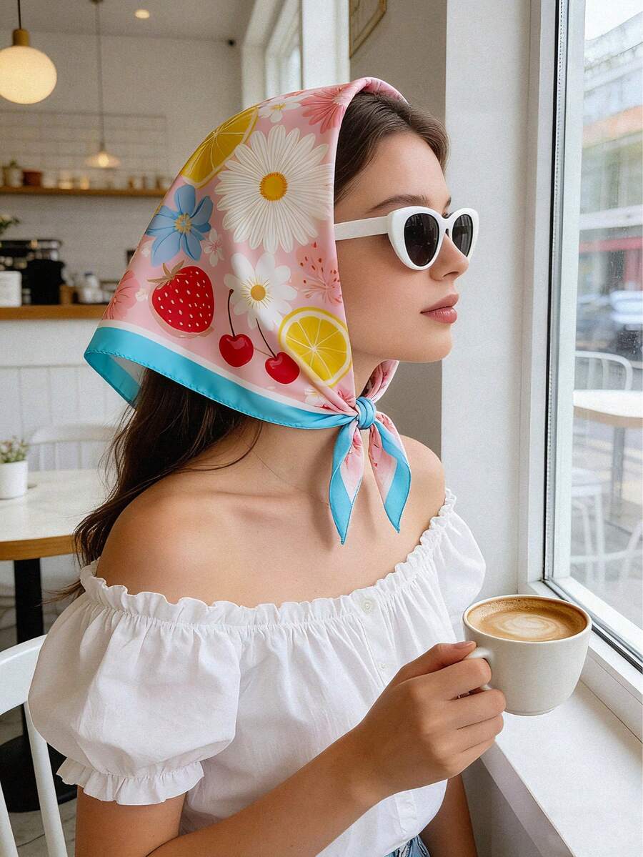 1pc 70cm Women's Satin Multifunctional Accessory, Tropical Lemon Fruit Print, Suitable For Daily Wear, All Seasons, Silk Scarf/Handkerchief - Blue Lemon-patterned - View 1