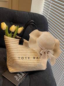 Woven Straw Tote Bag, Beach Vacation "TOTE BAG" Print Straw Handbag, Versatile As Beach Tote, Summer Handbag, Grocery Bag, Bohemian Summer Touch, Suitable For Beach Lovers, Boho Style Enthusiasts, Women, Travelers, Perfect For Beach Trips, Summer Vacations, Casual Outings - 彩色 - 查看 7