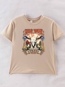Esta camiseta de manga corta para mujeres jóvenes presenta patrones de toro de dibujos animados y cactus. Es una parte superior cómoda, transpirable y holgada que se puede usar como una versátil camiseta casual de verano. - Albaricoque - Ver 3
