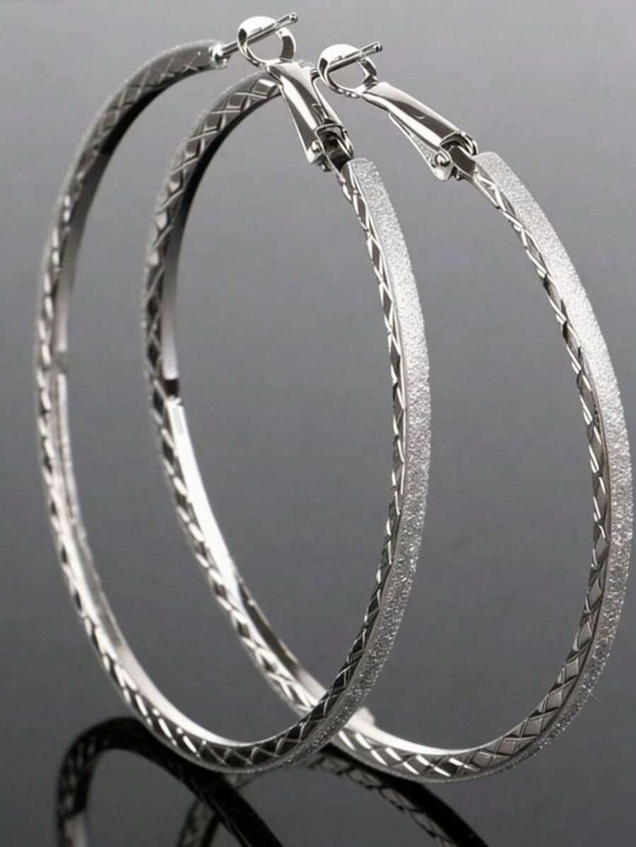 1 Pair Minimalist Matte Hoop Earrings, Suitable For Daily Wear - Silver - View 1