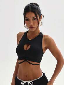 Áo ngực thể thao không tay cổ tròn màu đen dành cho nữ, có đệm mút tháo rời, chất liệu dệt kim. - màu đen - Xem 6