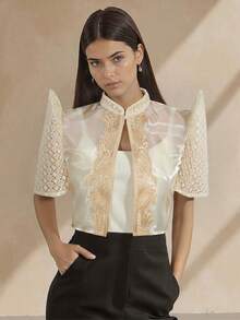 1件Emmi Leisure现代菲律宾服装上衣，蝴蝶袖菲律宾菱形图案针织女式短袖开衫，适合度假、上学、旅行、工作、日常生活、约会、旅行、春夏穿着。 - 香檳色 - 查看 4