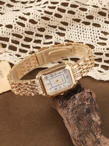 1pc Luxury Minimalist Elegant Square Dial Roman Quartz Watch, Showcases Stylish Personalized, /Year-End Promotion, Birthday/Holiday Gift - Gold - View 4