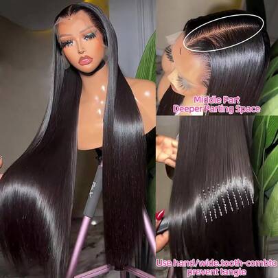 ZHUICHAO Natural Black Silky Straight Brazilian Human Hair Blend Lace Front Wig, 13x4 Large Transparent Hairline, 18-26 Inches Pre-Cut & Pre-Bleached Full Lace Front Wig With Baby Hair, #1B Natural Black Straight - Lightweight, Adjustable, Breathable, Comfortable For All-Day Wear