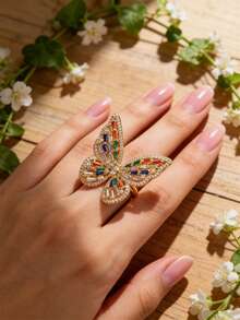 1pc Silver Multi-Color Copper Plated Gold Butterfly Shape Ring With Cubic Zirconia, Suitable For Everyday Wear - Black - View 5