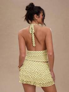Women Polka Dot Outfits 2 Piece Skirt Sets Vintage Halter V-Neck Top And Ruffle Layered Mini Skirt Summer Y2k Outfits - Màu vàng - Xem 2