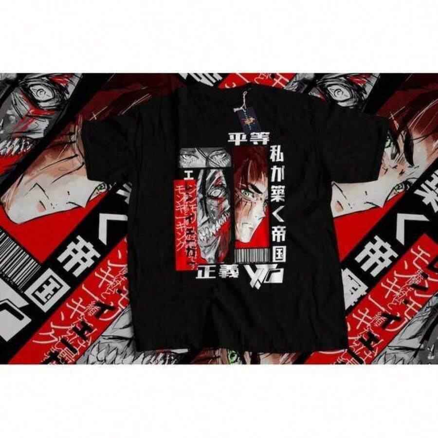 Playera De Hombre Men's Pure Cotton T-Shirt Anime Unisex T-Shirt, Anime Manga Shirt, Manga Shirt, Eren Jaeger, Eren Yeager, Eren Yeager Sweatshirt, Mikasa, , Ackerman, , Titan Seasonal Apparel Breathable Material,Festive-Unisex Patterned Printed Short Sleeved Top T-Shirt - Black - View 1