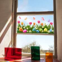 1 pieza Calcomanía de ventana de vidrio con adhesivo estático de huevo de Pascua, tulipán, mariposa y flores de primavera - Multicolor - Ver 4