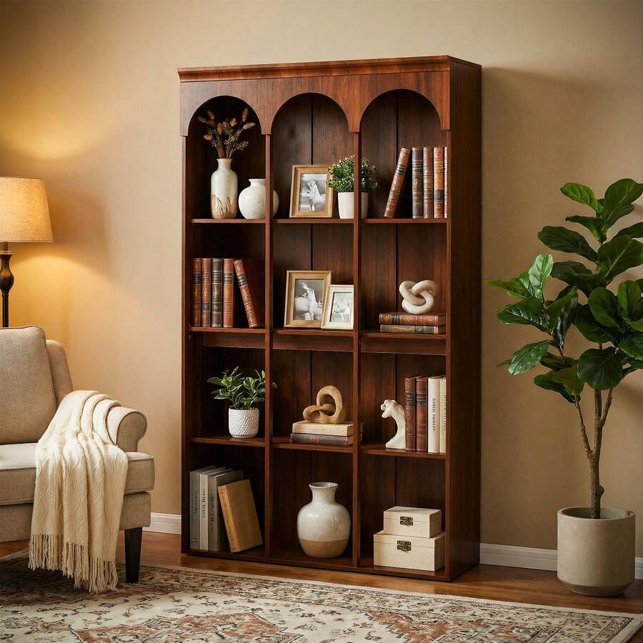 LITTLE TREE 70.9" Tall Arched Bookcase, 5-Tier Freestanding Wooden Bookshelf, Mid-Century Modern Farmhouse Open Library Book Shelving Unit For Living Room, Home Office, Walnut Brown - 棕色 - 查看 1