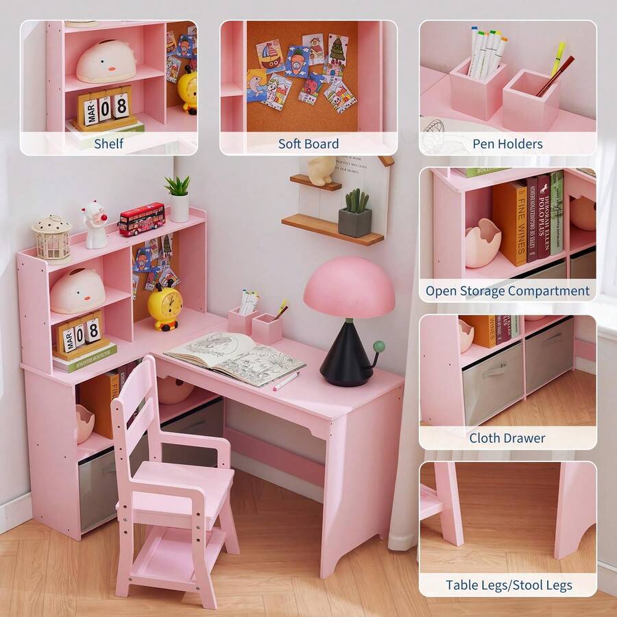 Escritorio y silla para niños, escritorio de esquina, mesa de estudio con estantería, cajón de tela y tablero de anuncios para niñas, color rosa - Rosa - Ver 1