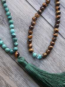 Bohemia Tassel Necklace African Turquoise Bronzite Yellow Tiger Eye 108 Mala Rosary Necklace Japamala Rosary Beads Meditation Yoga Jewelry Unisex - Multicolor - View 3