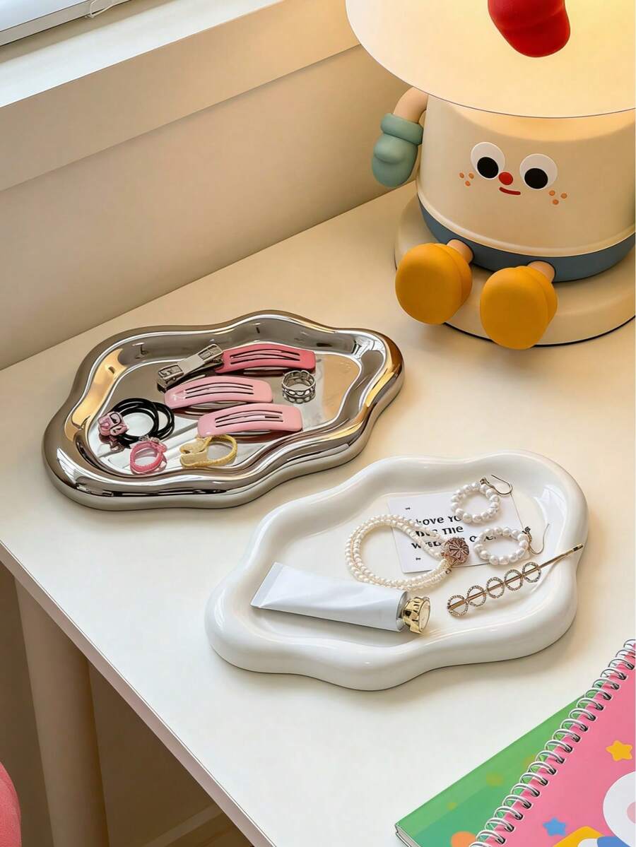 1pc Asymmetrical Ceramic-Like Tray (Silver & White): Fashionable Vanity, Bathroom, Bedroom Vanity, Coffee Table, Entryway Key Holder, Cosmetic Storage, Kitchen Snack Display Decorative Dish, Suitable For Home, Hotel And Gift Scenarios, Makeup Room Decor - Multicolor - View 1