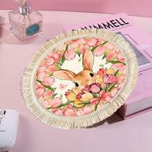 1/4/6pcs Easter Collection, A Light Brown Rabbit Peeking Out From A Cluster Of Tulips, The Outer Circle Surrounded By A Ring Of Blooming Pink Tulips Dotted With A Small Pink Butterfly, Linen Printed Tassel Placemat/Coaster - Multicolor - View 6