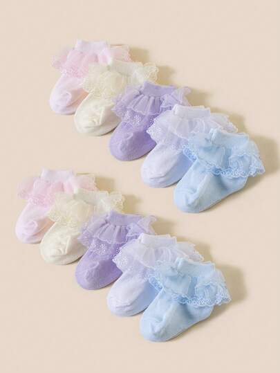 5 Pairs Girls' Socks, Fashion Simple Ruffle Edge Princess Socks, Skin-Friendly Soft Breathable Mesh Socks, Comfortable Casual Versatile Lace Socks, Suitable For Birthday Gift/Dance Performance/Daily Life/Valentine's Day Outfit/Campus Outfit