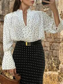 Women's Polka Dot Long Sleeve Blouse, Ruffle Detail, Button Down Collar Puff Sleeve Top, Regular Length, Semi-Sheer Woven Fabric - White - View 3