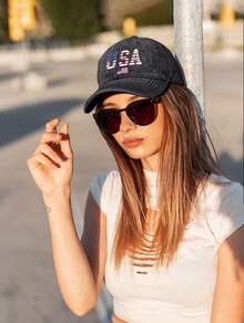 1pc USA Flag Printed Baseball Cap, Men's Oxford Lining, Classic Curved Brim, Natural, Comfortable And Breathable, Adjustable Hook And Loop Closure At The Back, Suitable For Everyday Wear, Outings, Sports, Outdoor Activities, Travel, Etc, For Spring/Summer/Fall, Independence Day, Memorial Day, El E Cti On Day - 黑色 - 查看 3