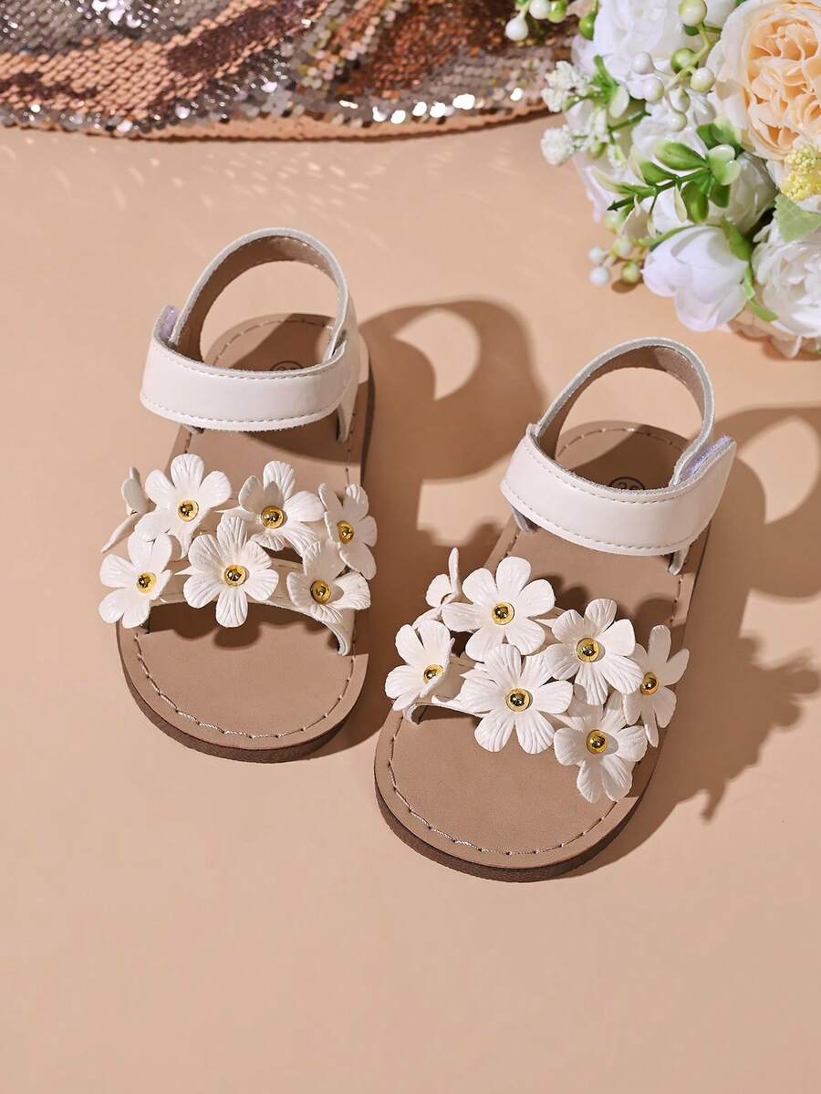 "Girls' Lavender 3D Floral Sandals – Adjustable Hook And Loop Strap, Soft Padded Footbed, Patent Upper, Cute Summer Kids Footwear" - White - View 1