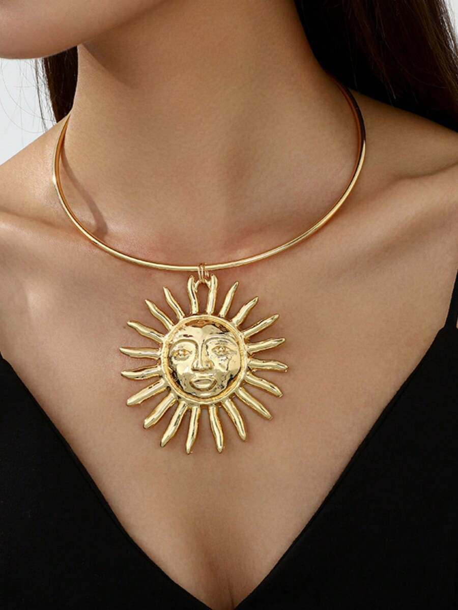 1件中东风格夸张太阳脸吊坠项链，女士开口颈链，适合夏季、度假、主题派对等场合佩戴 - 金色 - 查看 1