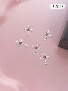 12/240件粉色系列金属美甲饰品：心形、行星、月亮、十字架、蝴蝶结、泰迪熊、星光、水钻银色美甲装饰，奢华金属美甲用品，闪亮粉色水晶美甲宝石，适用于多功能DIY美甲配件 - 彩色 - 查看 9