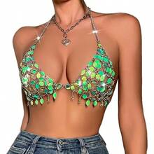 Christmas Summer Beach Sequin Backless Crop Tank Tops For Women Sexy Sparkly Hollow Out Outfit Glitter Bra Tops Festival Rave Body Chain Jewelry Green Tank - như hình - Xem 6