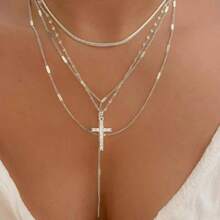 4pcs Fashionable Cross Design Women Necklace Set, Rhinestone Pendant Snake Chain Combination, European & American Ins Style Sexy Clavicle Chain, Versatile For Daily And Party Wear - Multicolor - View 7