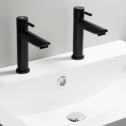 Pair Of Black Basin Pillar Taps, Twin Hot & Cold Bathroom Sink Taps, 1/4 Turn Modern Round Cloakroom Taps In Matte Black Stainless Steel With Flexible Hoses