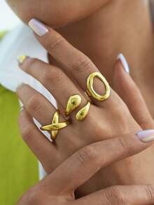 3pcs/1pc Asymmetrical Hollow 18K Gold Stainless Steel Rings, Women Jewelry Accessories, Adjustable Open, Suitable For Daily Decoration, Gifts, Suitable For Valentine's Day, Party, Holiday And Daily Wear - Multicolor - View 2