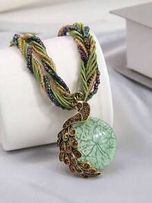 1件时尚孔雀吊坠项链，独特风格，女士必备 - 綠色 - 查看 5