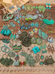 TopHanqi 7/11/15/21对随机售卖女士耳环套装，绿色流苏系列耳环，叶子耳环，几何个性化绕线滴水水钻耳环，适合日常佩戴、通勤、派对 - 彩色 - 查看 13