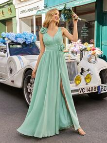 Vestido de gasa verde formal con escote de corazón, diseño sin mangas y Body ajustado con lentejuelas en contraste para fiesta, primavera y boda - verde menta - Ver 4