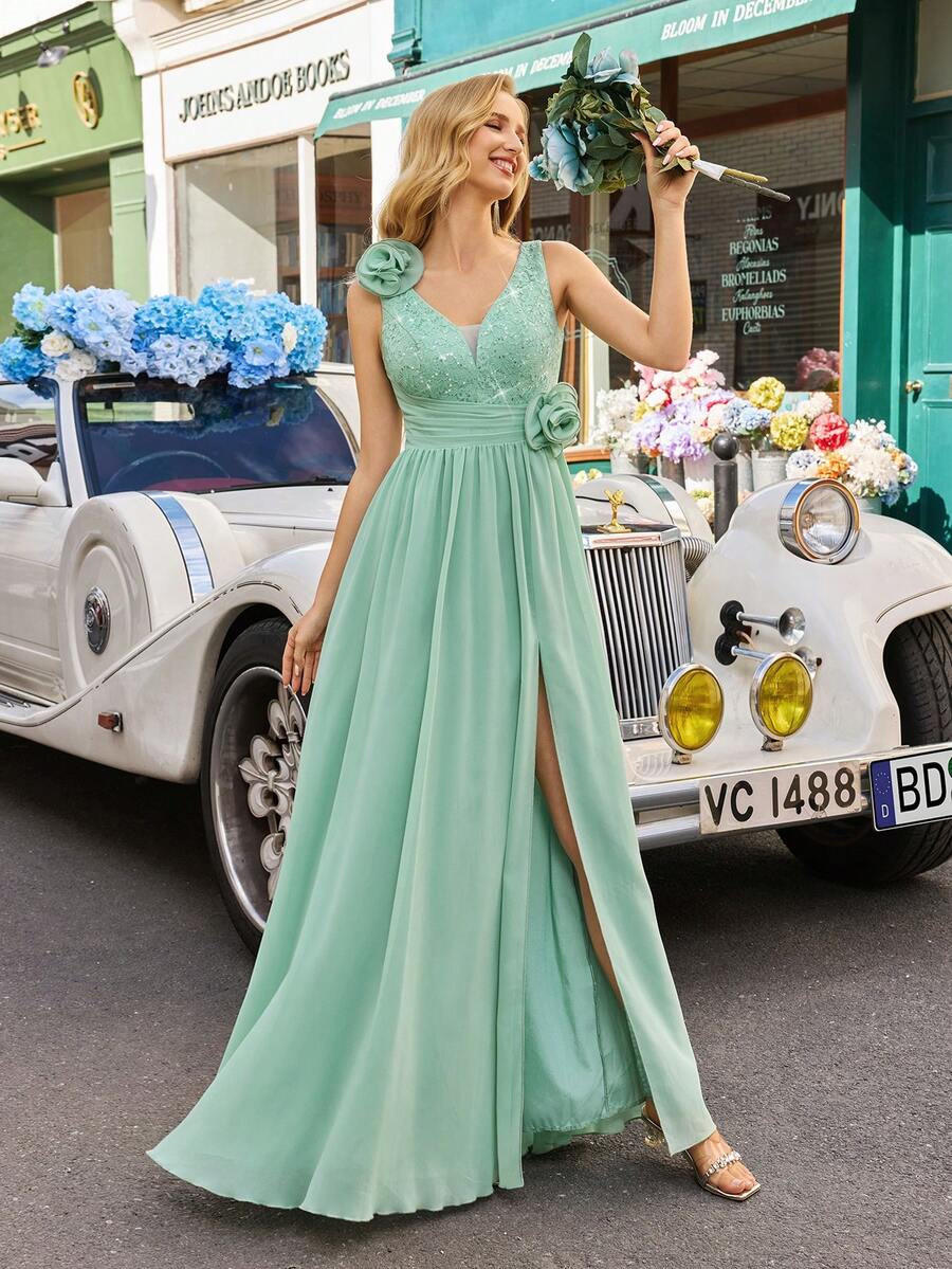 Formal Green Chiffon Dress With Sweetheart Neckline, Sleeveless Design And Contrast Sequin Bodycon Bodice Party Spring Wedding