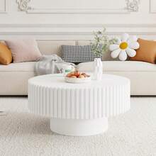 31.49" Walnut Coffee Table Round Wood, Modern Unique Fluted Tea Table, Contemporary Drum Circle Accent Center Table For Living Room, Small Space, Apartment - 白色 - 查看 2