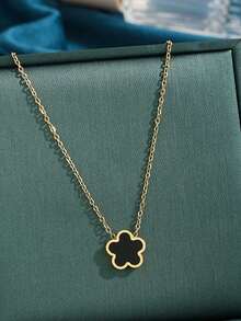 1件简约不锈钢五叶草花朵设计吊坠项链，适合女性在各种场合佩戴 - 彩色 - 查看 3